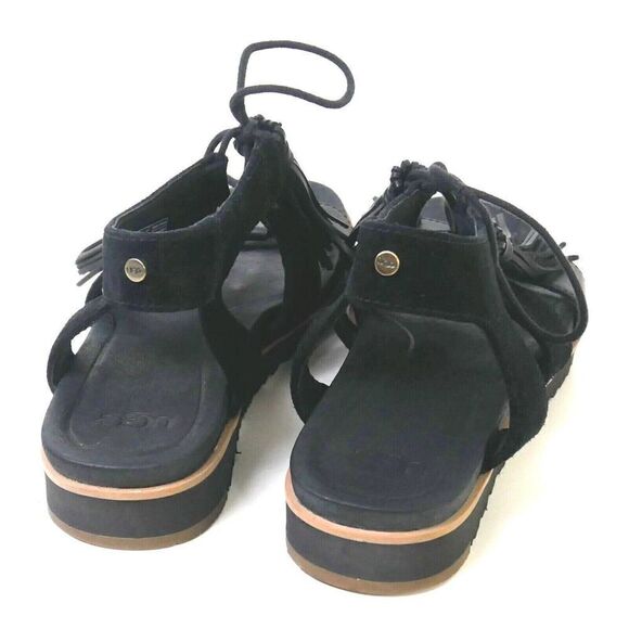 UGG Maryssa BLACK GENUINE LEATHER SUEDE TASSELS FLAT GLADIATOR SLINGBACK Sz 5 US - Picture 3 of 8